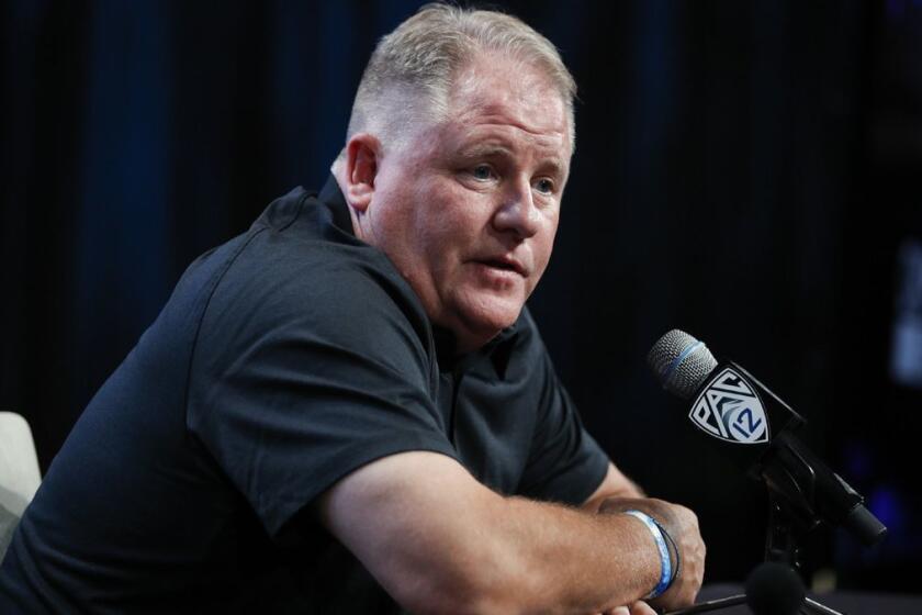 UCLA head coach Chip Kelly speaks at the Pac-12 Conference NCAA college football Media Day in Los Angeles, Wednesday, July 25, 2018. (AP Photo/Jae C. Hong)