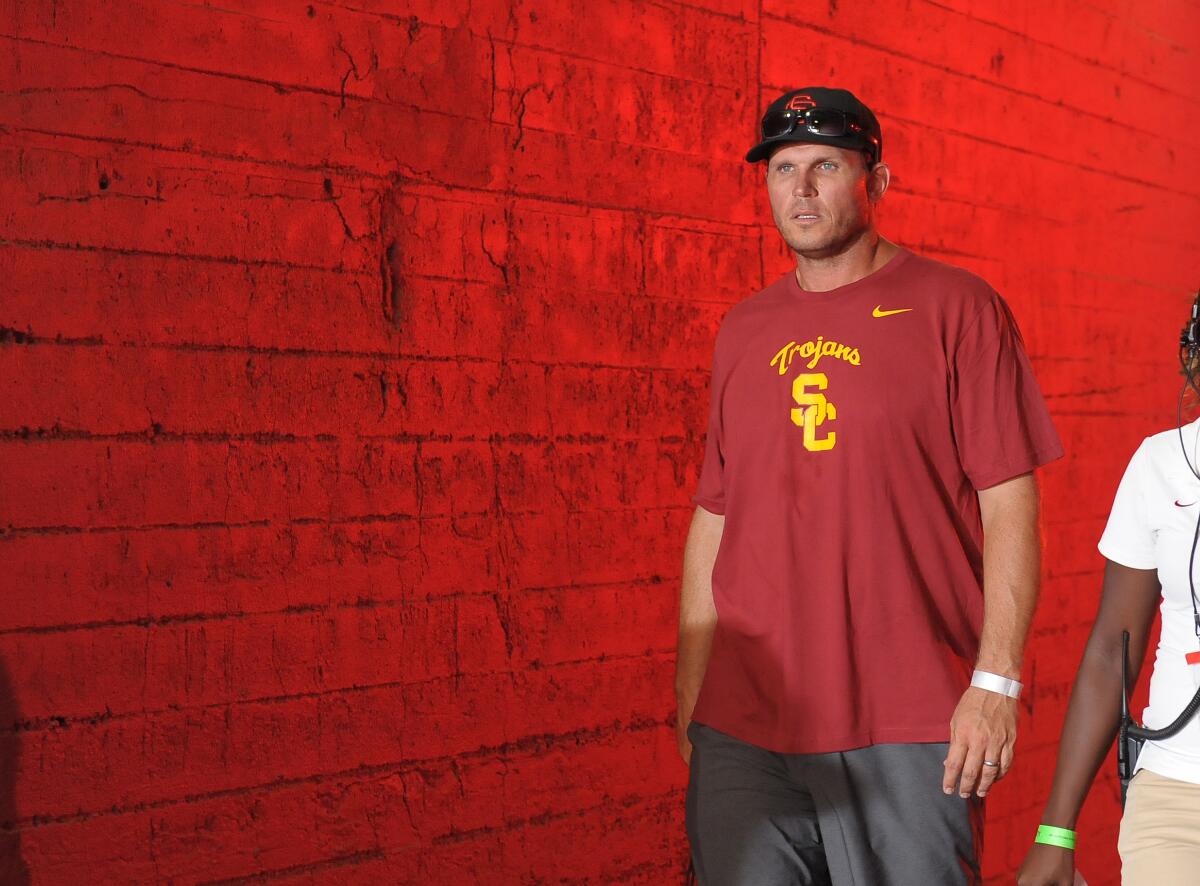 Former USC All American Tony Boselli making his way to the sidelines to watch the Trojans at the Coliseum.