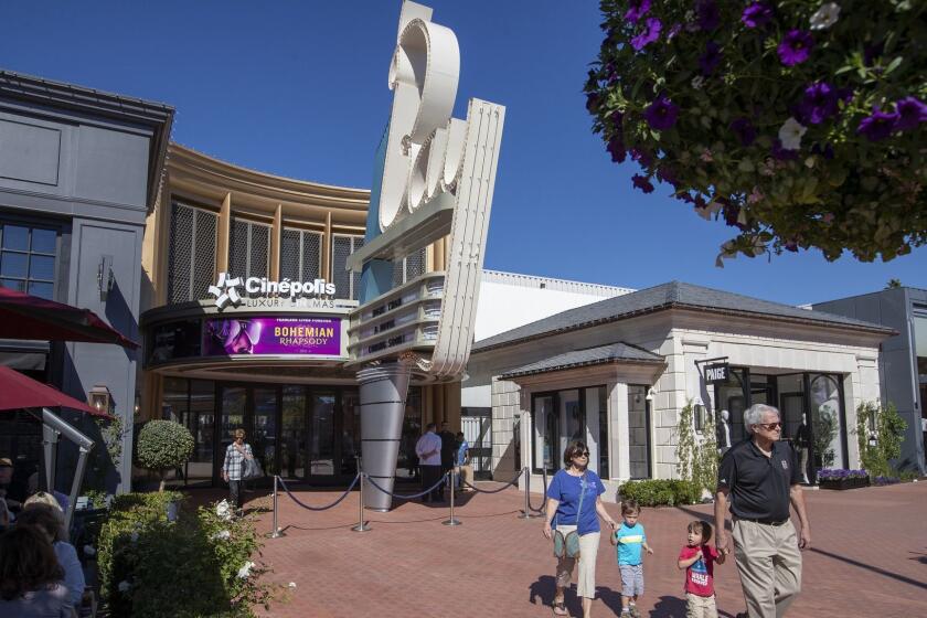PACIFIC PALISADES, CALIF. -- FRIDAY, NOVEMBER 2, 2018: A view of Cin?polis Luxury Cinemas newest movie theater, The Bay Theatre by Cin?polis Luxury Cinemas, in Palisades Village, which take "upscale" moviegoing to a new level for affluent visitors. The former Bay Theatre is reopening after 40 years. It features five ultra-lux screening rooms with amenities. Each auditorium features top-of-the-line luxurious leather reclining seats, reserved seating and call buttons for gourmet food and full bar service. Photos taken in Pacific Palisades, Calif., on Nov. 2, 2018. (Allen J. Schaben / Los Angeles Times)