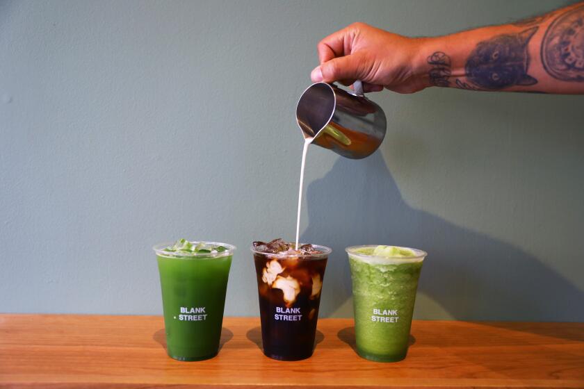 Boston, MA - August 21: Specialty beverages, from left, are Iced Matcha Tea, Cold Brew Coffee, and Blended Lemon Matcha. Blank Street Coffee is a new shop opening on Cambridge Street, on Beacon Hill. (Photo by Pat Greenhouse/The Boston Globe via Getty Images)