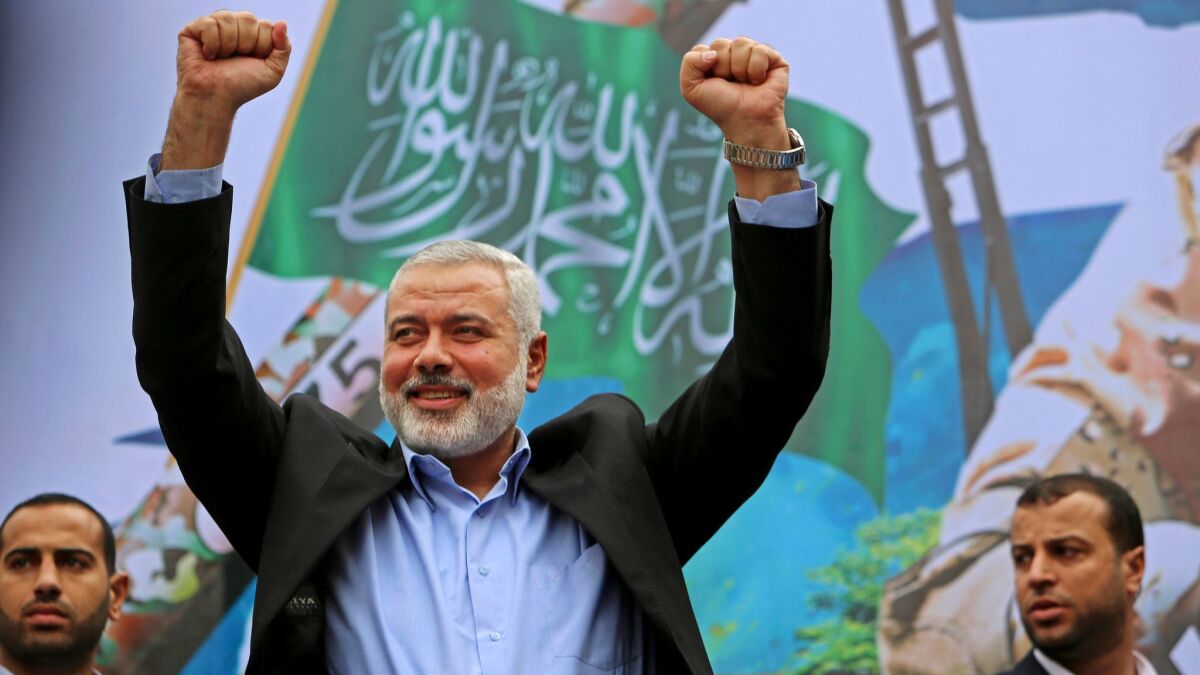 Ismail Haniyeh at a Hamas rally in 2014.