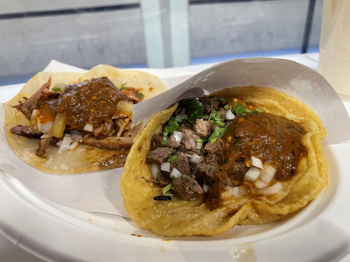 Grilled chicken and roast beef tacos at Los Tacos No. 1 in Times Square