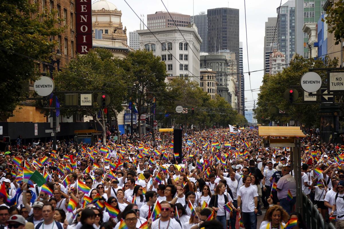 A sea of people celebrates during the 45th Annual San Francisco Pride Celebration & Parade held on Sunday, June 28, 2015.