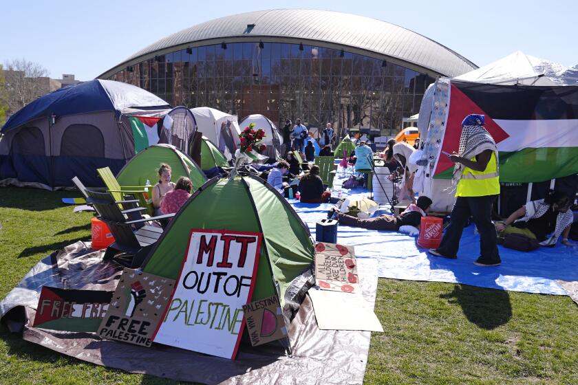 Students protest at an encampment outside the Kresge Auditorium on the campus of the Massachusetts Institute of Technology, Tuesday, April 23, 2024, in Cambridge, Mass. (AP Photo/Charles Krupa)