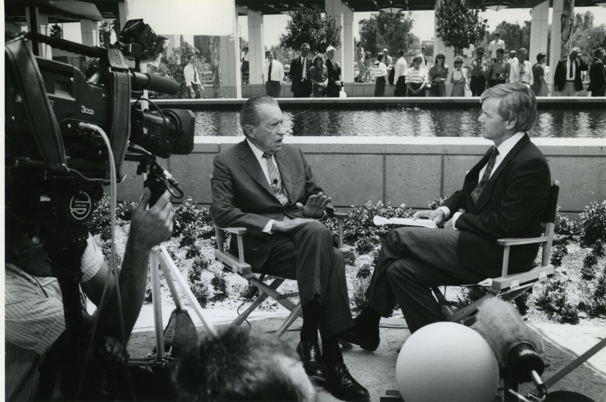 Former President Richard Nixon is interviewed by NBC's Tom Brokaw at the Nixon Library in Yorba Linda in 1990.