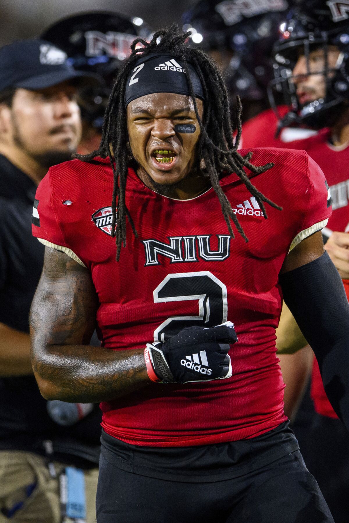 Northern Illinois linebacker Lance Deveaux Jr. (2) celebrates during the first half of an NCAA college football game against Georgia Tech, Saturday, Sept. 4, 2021, in Atlanta. (AP Photo/Danny Karnik)