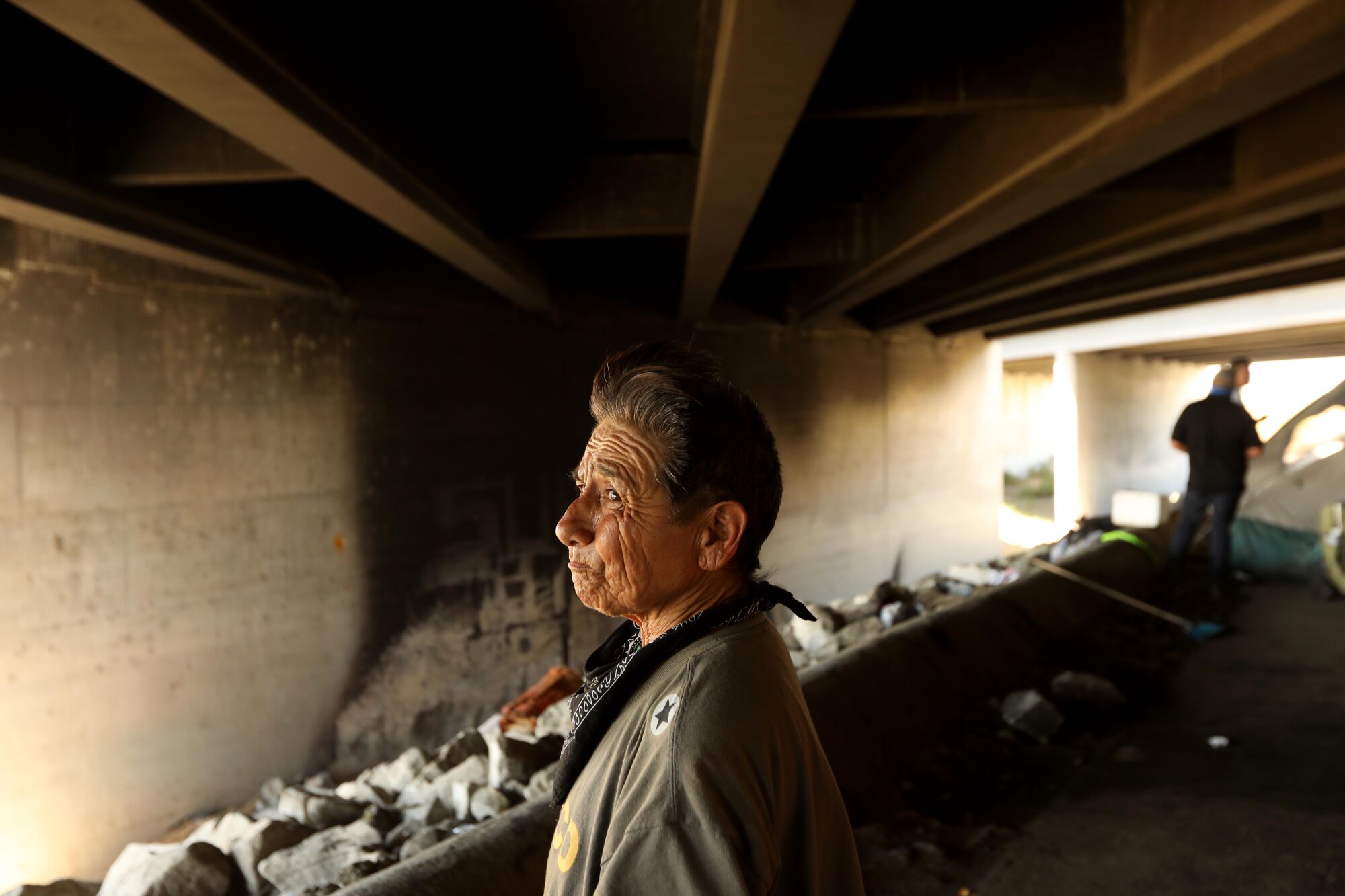 Ramona Gutierrez, 68, stands near her encampment under the 605 Freeway in Arcadia.