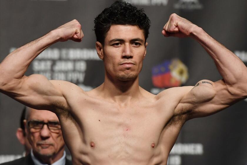 LAS VEGAS, NEVADA - JANUARY 18: Hugo Ruiz poses on the scale during his official weigh-in at MGM Grand Garden Arena on January 18, 2019 in Las Vegas, Nevada. Ruiz was to challenge WBA interim featherweight champion Jhack Tepora for his title on January 19 at MGM Grand Garden Arena in Las Vegas but Tepora failed to make weight for the fight. (Photo by Ethan Miller/Getty Images) ** OUTS - ELSENT, FPG, CM - OUTS * NM, PH, VA if sourced by CT, LA or MoD **