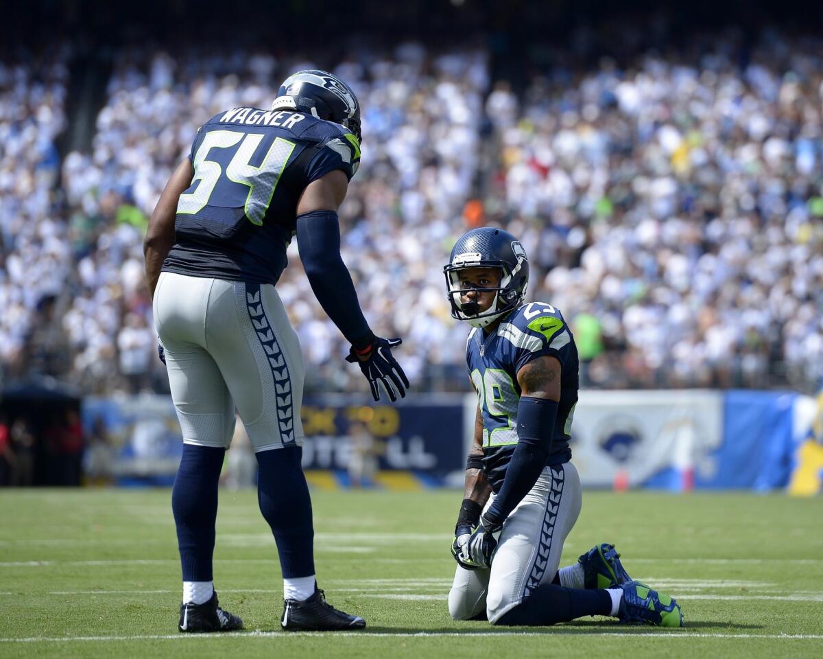 Seahawks safety Earl Thomas looks on during Seattle's stunning loss to San Diego, 30-21, at Qualcomm Stadium. Seattle faces Denver on Sunday in a rematch of last year's Super Bowl.