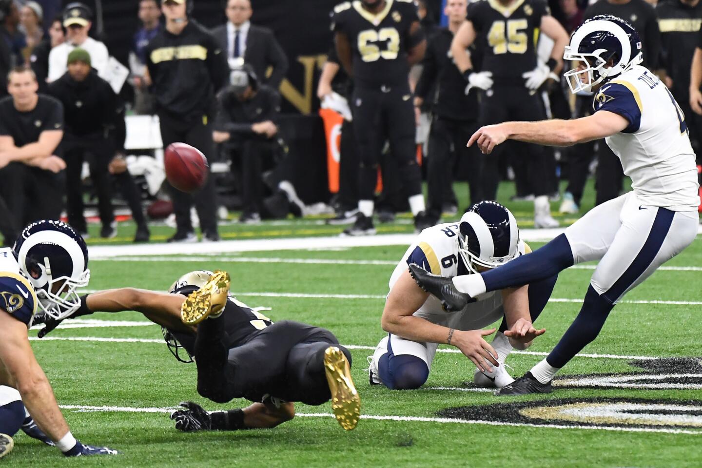 Rams kicker Greg Zuerlein kicks the game-winning field goal in overtime against the New Orleans Saints in the NFC Championship at the Superdome in New Orleans Sunday.