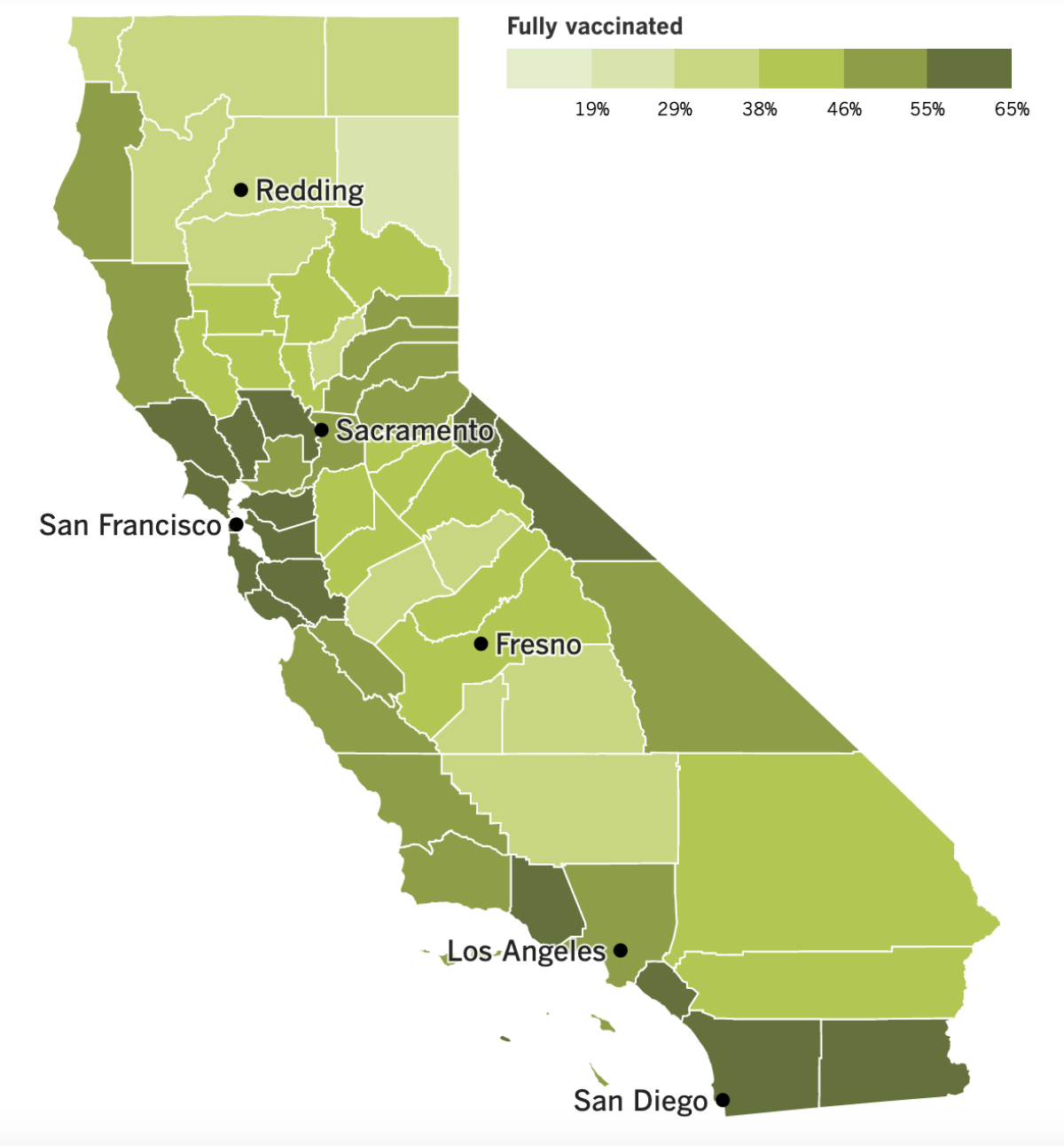A map of California showing COVID-19 vaccination rates by county.