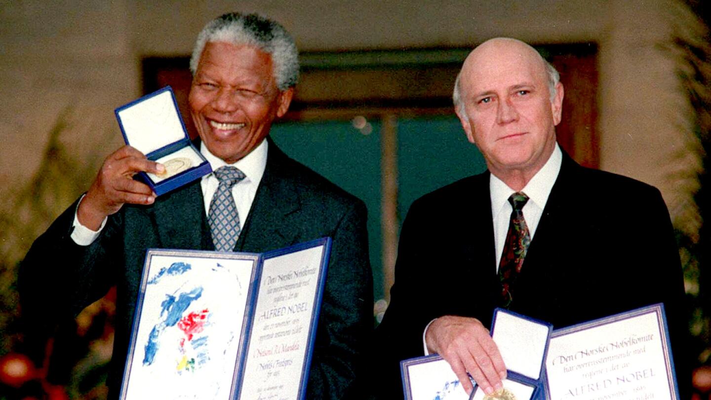 The Nobel committee lauded the leaders of South Africas two largest political organizations for "their work for the peaceful termination of the apartheid regime, and for laying the foundations for a new democratic South Africa."