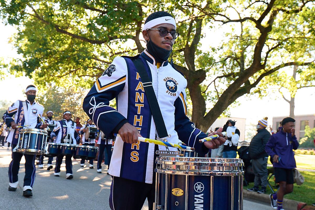 A drummer in a marching band 
