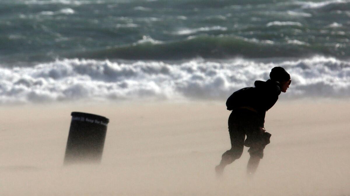 Forecasters expect higher temperatures, lower humidity and wind gusts of up to 75 mph across Southern California this week, similar to the blustery Santa Ana conditions shown here in 2016.