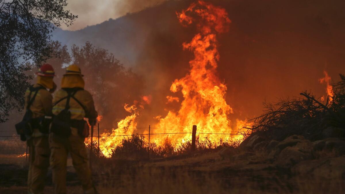 Firefighters watch a backfire flare up at the 6,500-acre Border fire in eastern San Diego County.