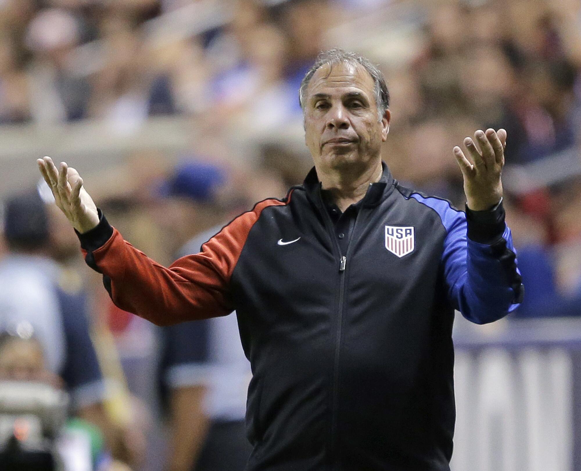 U.S. coach Bruce Arena reacts on the sideline during a match against Venezuela on June 3, 2017