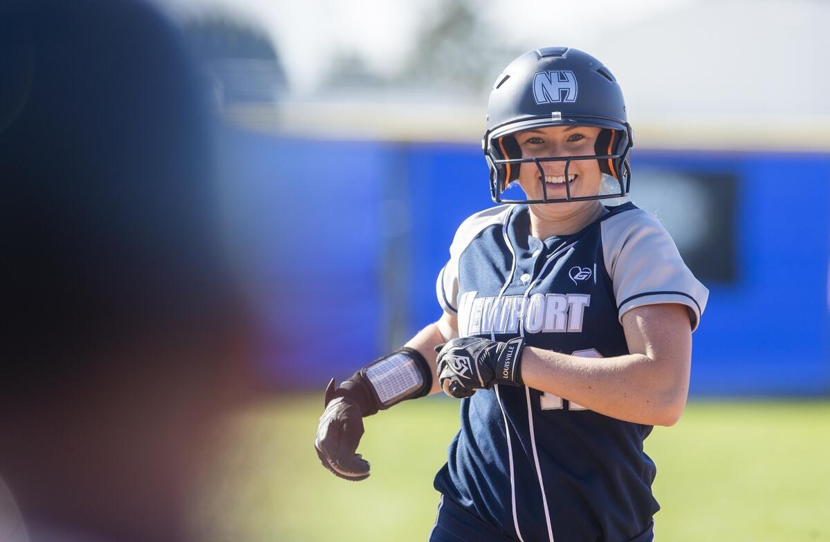 Newport Harbor High's Eliana Gottlieb runs the bases on a solo home run in the fifth innng of a Sunset Conference crossover game on Thursday.