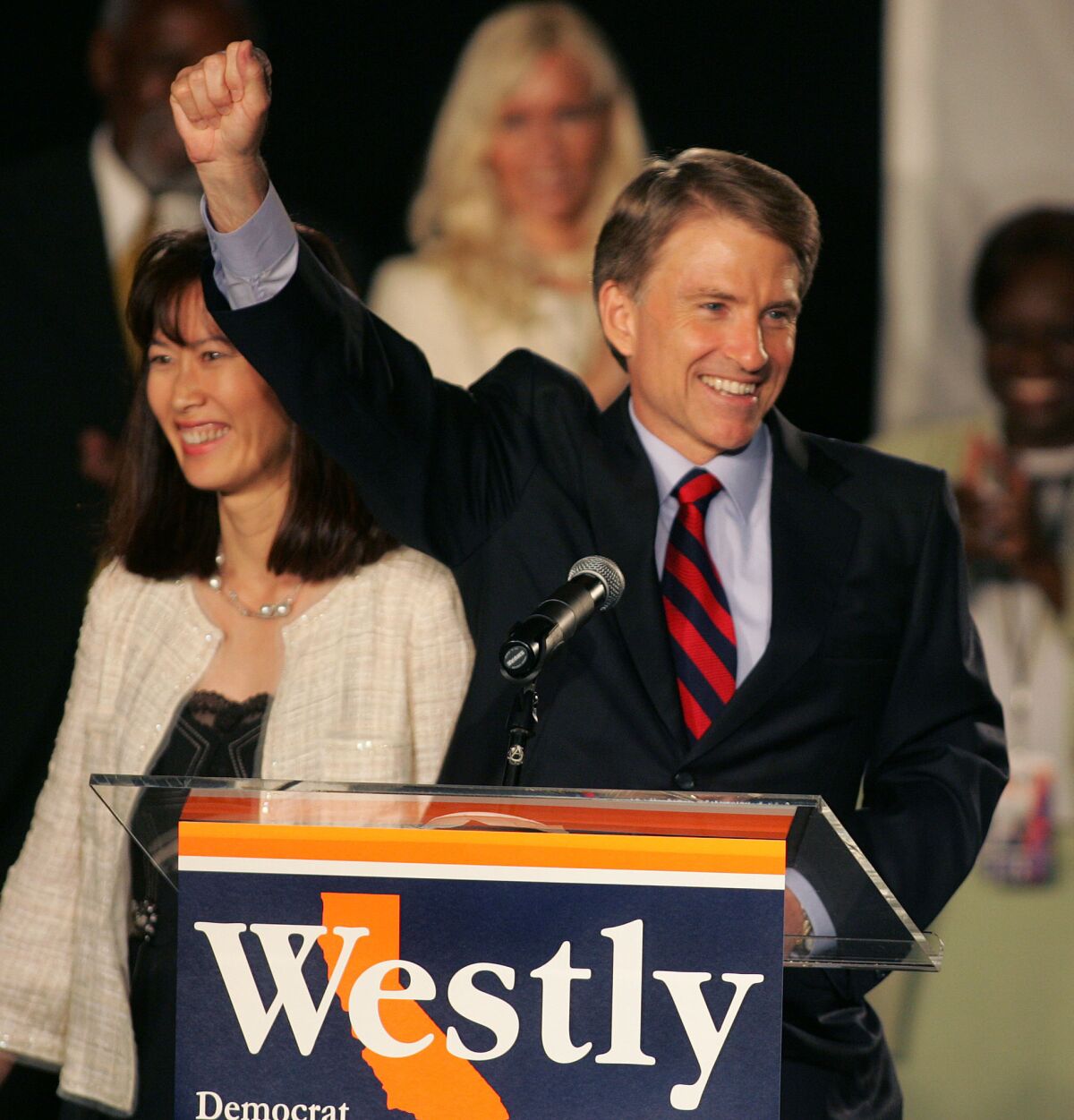 Former California gubernatorial candidate Steve Westly and his wife, Anita Yu Westly, greet his supporters on election night in 2006. Westly is again considering a run for California governor.