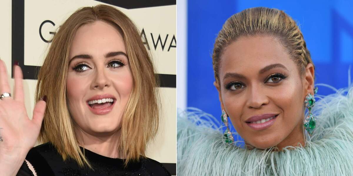 Adele, left, and Beyoncé are both nominated in three of the major Grammy prizes — record, song and album of the year.