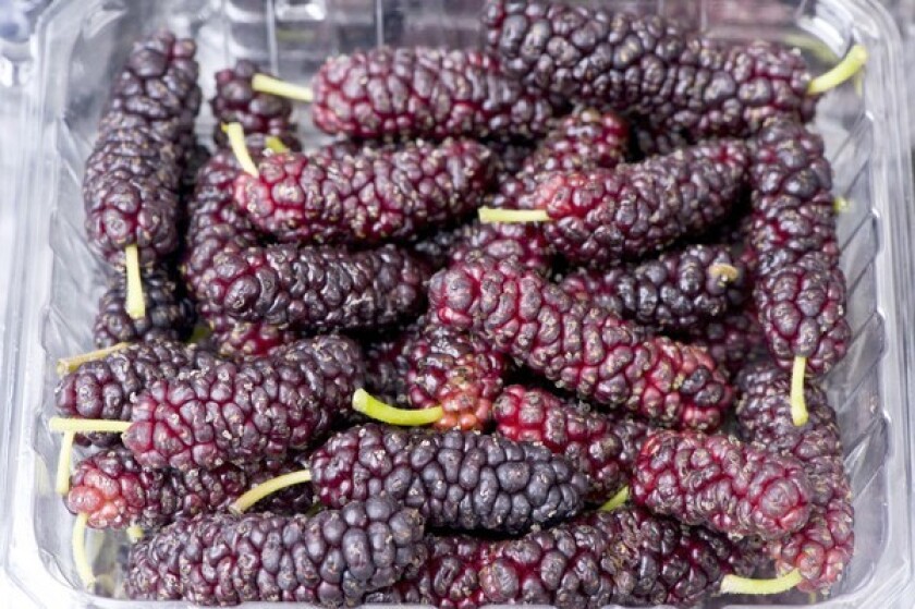 Pakistan mulberries grown by Jimenez Farm in Santa Ynez, at the Hollywood farmers market.