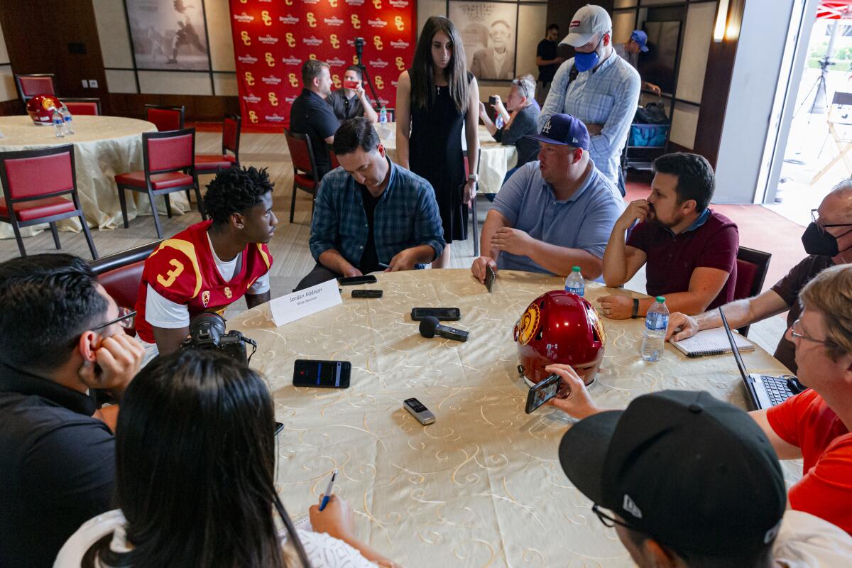 USC wide receiver Jordan Addison talks with reporters at media day on Thursday.