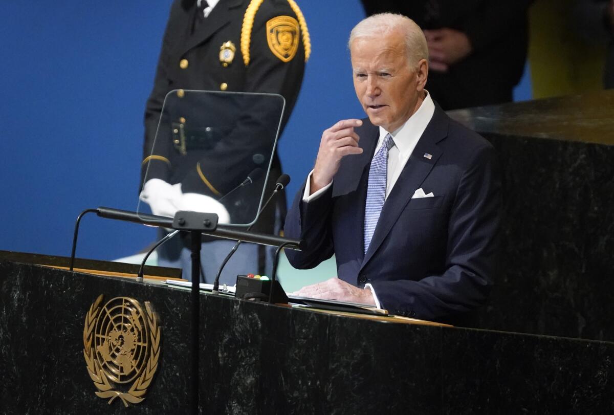 El presidente estadounidense Joe Biden hablando ante la Asamblea General de las Naciones Unidas en Nueva York 