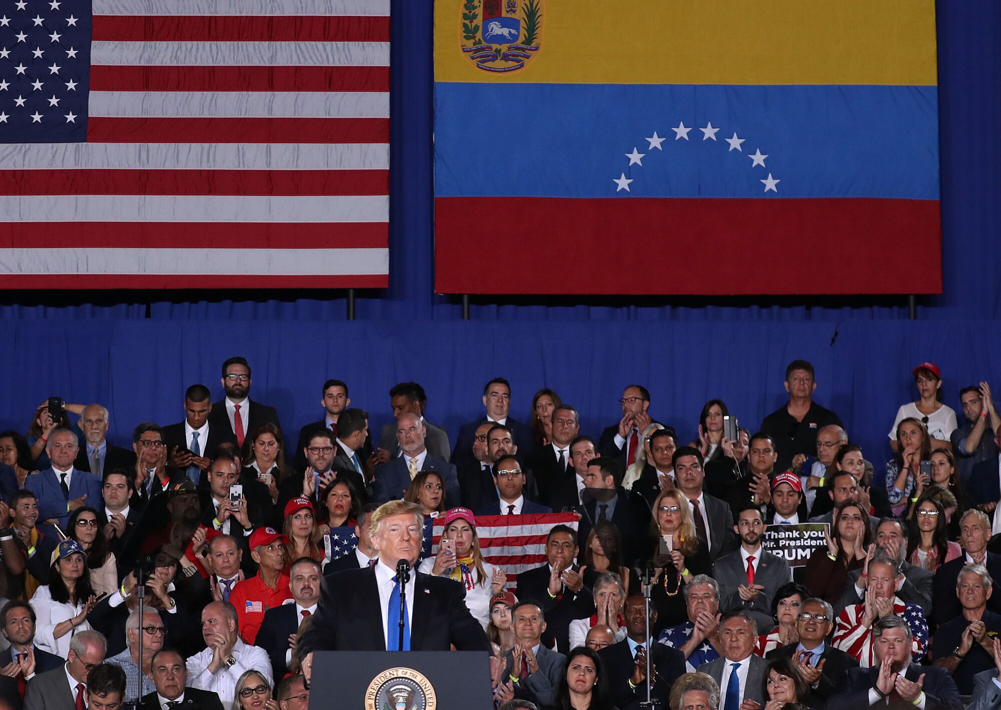 Then-President Donald Trump speaks during a rally at Florida International University.