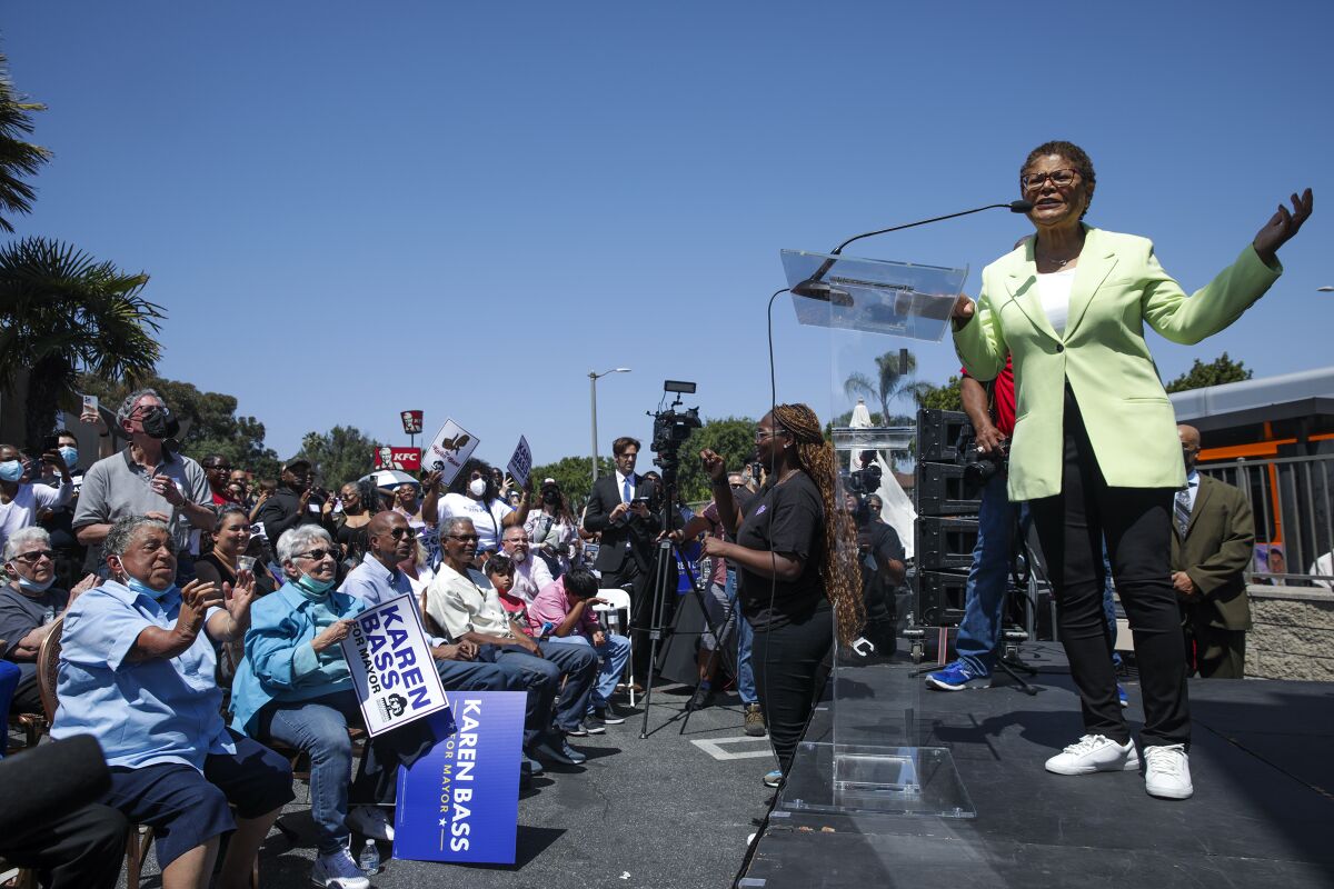Rep. Karen Bass addresses supporters  in late April.