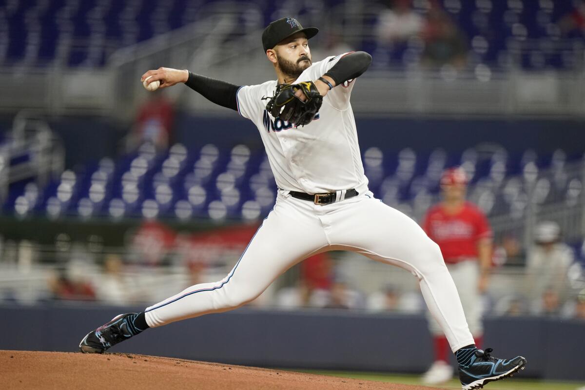 Miami Marlins starting pitcher Pablo Lopez throws during the first inning of the team's baseball game against the Philadelphia Phillies, Thursday, Sept. 15, 2022, in Miami. (AP Photo/Lynne Sladky)