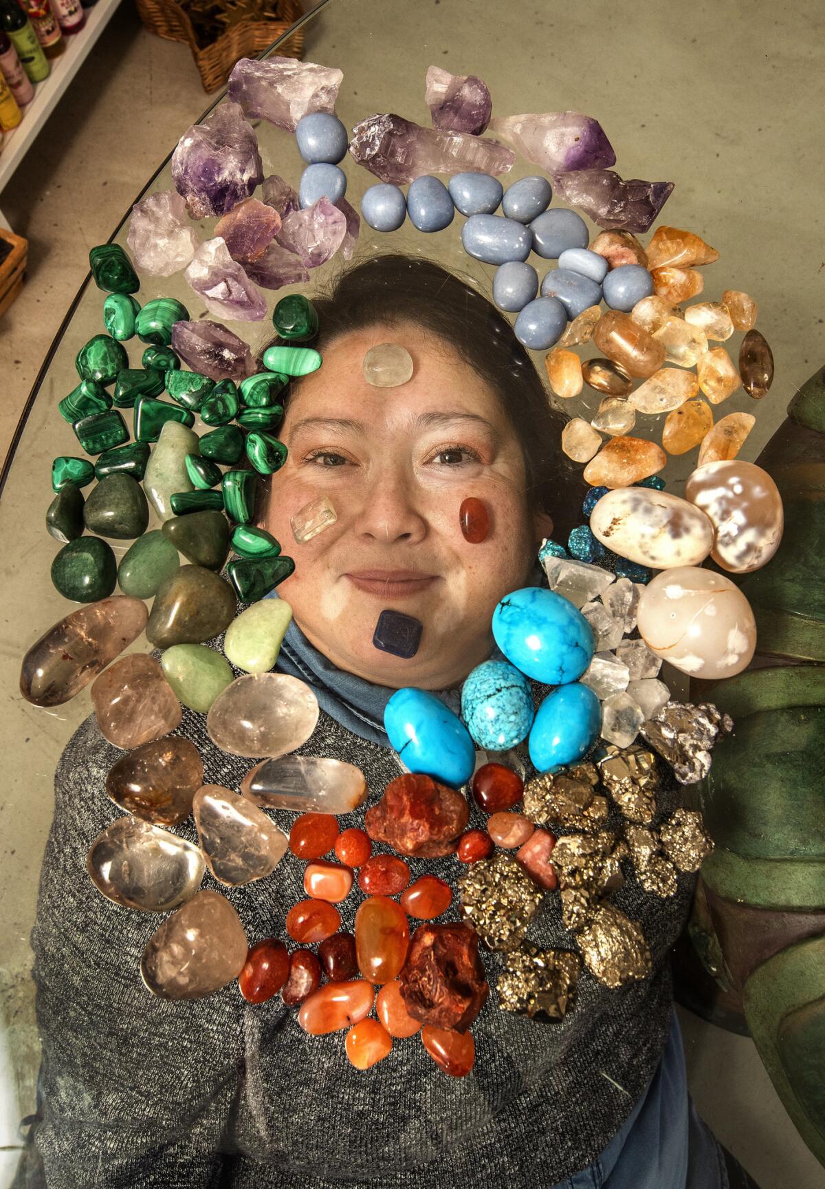 Leah Garza is photographed with crystals at Mostly Angels L.A. on Robertson Boulevard.