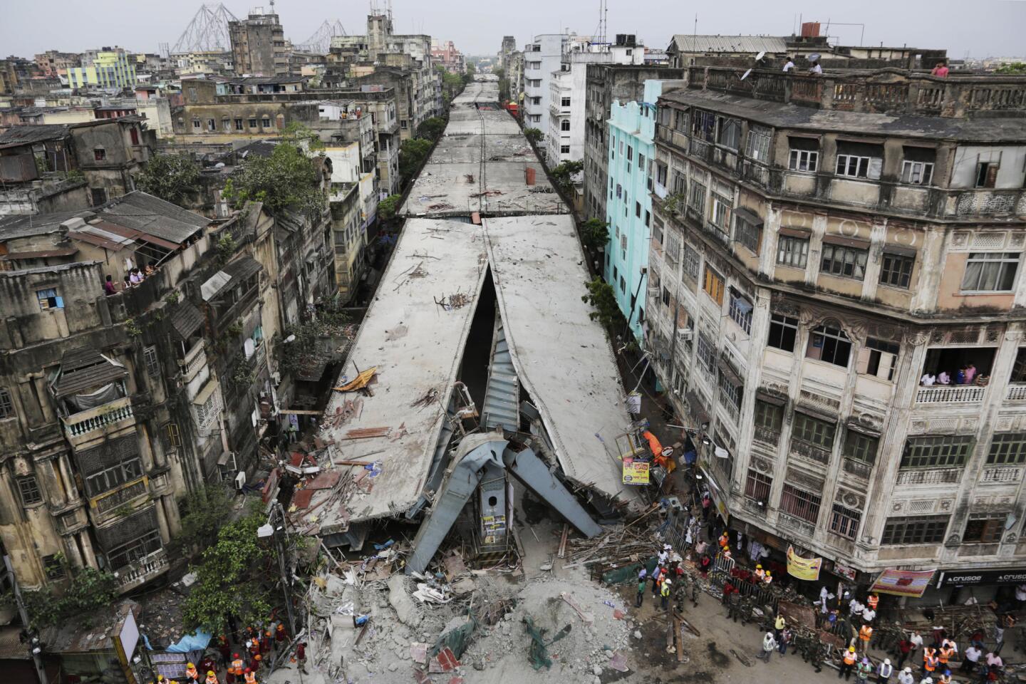 General view shows a partially collapsed overpass in Kolkata, India, on April 1, 2016.