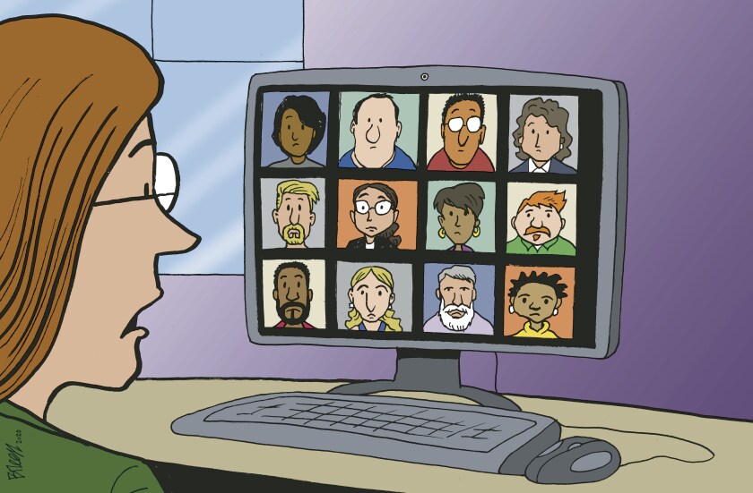 Illustration of a woman looking at faces on a computer for a Zoom meeting