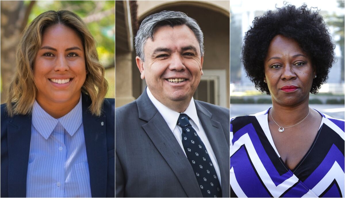 Democrats Caroline Menjivar, Juan Carrillo and Tina McKinnor are running for state Legislature.
