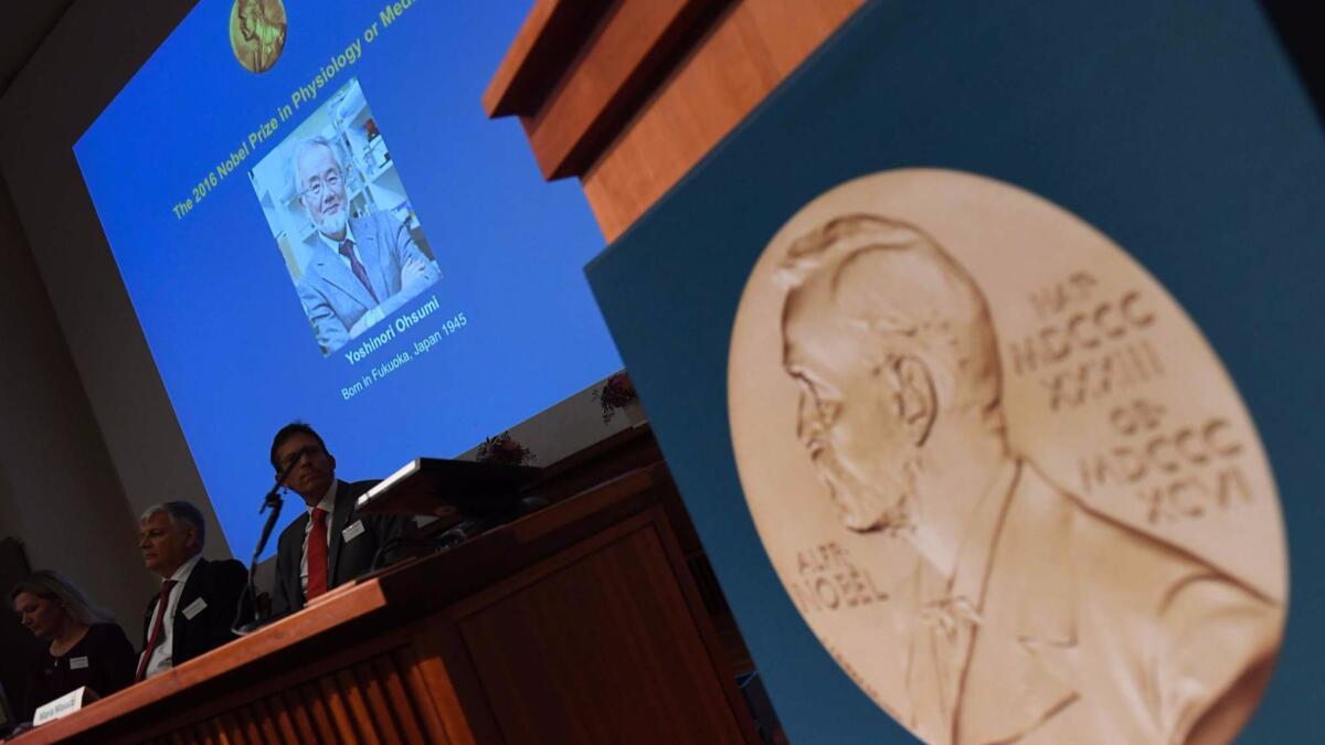 A portrait of Yoshinori Ohsumi, the 2016 winner of Nobel Prize in medicine, is displayed as the award is announced in Stockholm.
