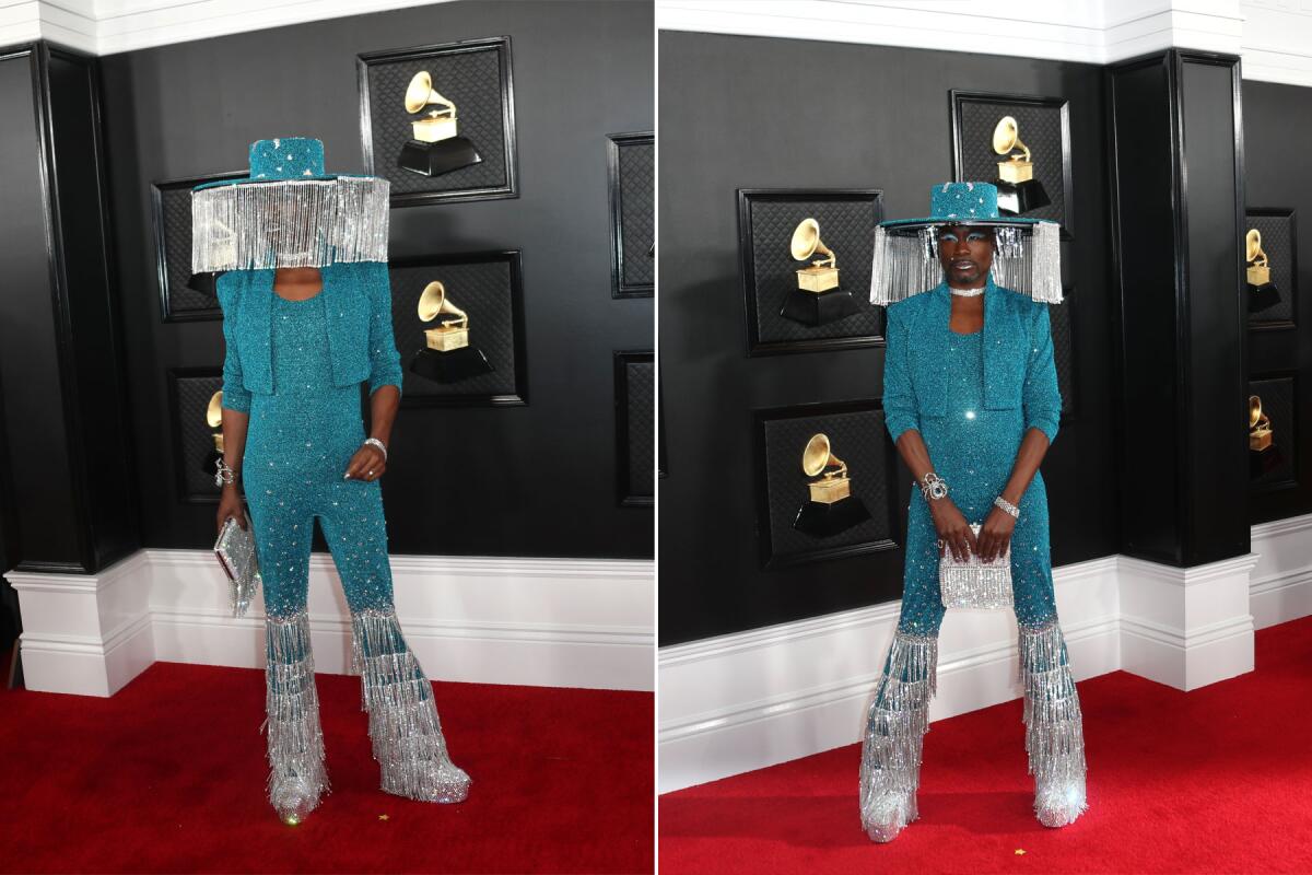 On the fence: “Pose” star Billy Porter usually stands out on the red carpet for all the best reasons. For the Grammys, he arrived in a blue, crystal-fringe flared jumpsuit with matching cropped jacket from Baja East by Scott Studenberg and a mechanically retracting fringe bucket hat made in collaboration with Sarah Sokol. It was a decidedly matador look, which left us wondering exactly what the fashion category was.