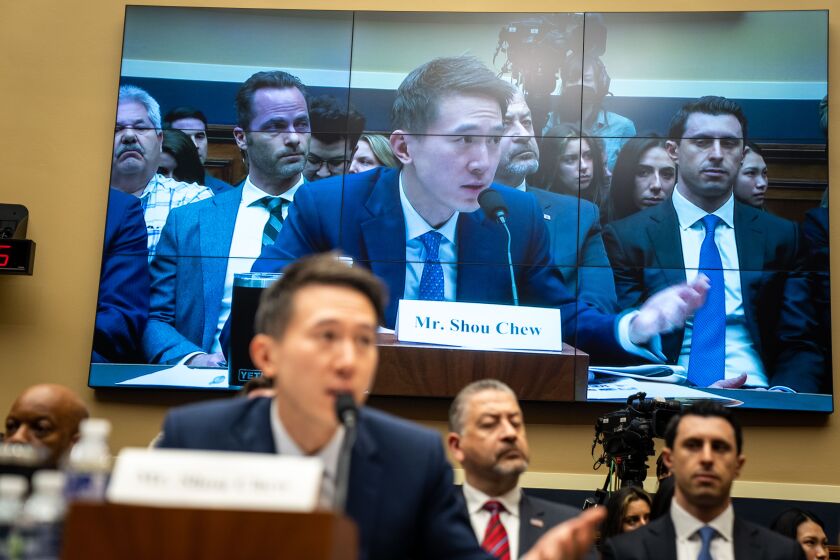WASHINGTON, DC - MARCH 23: TikTok Chief Executive Officer Shou Zi Chew testifies before the House Energy and Commerce Committee in the Rayburn House Office Building on Capitol Hill on Thursday, March 23, 2023 in Washington, DC. Lawmakers on the committee question TikTok's CEO about the company's relationship with its parent company, ByteDance, and how they handle users' sensitive personal data. (Kent Nishimura / Los Angeles Times)