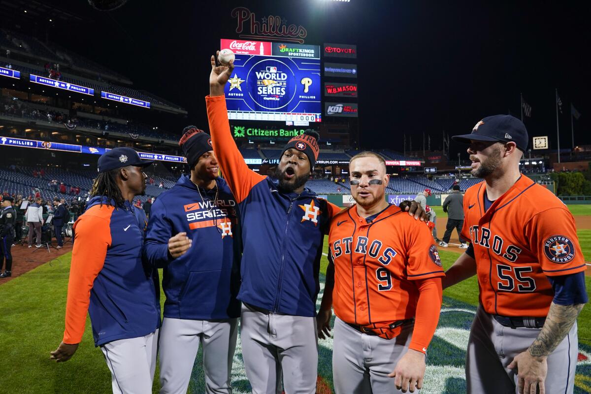 Houston pitchers celebrate a combined no-hitter.