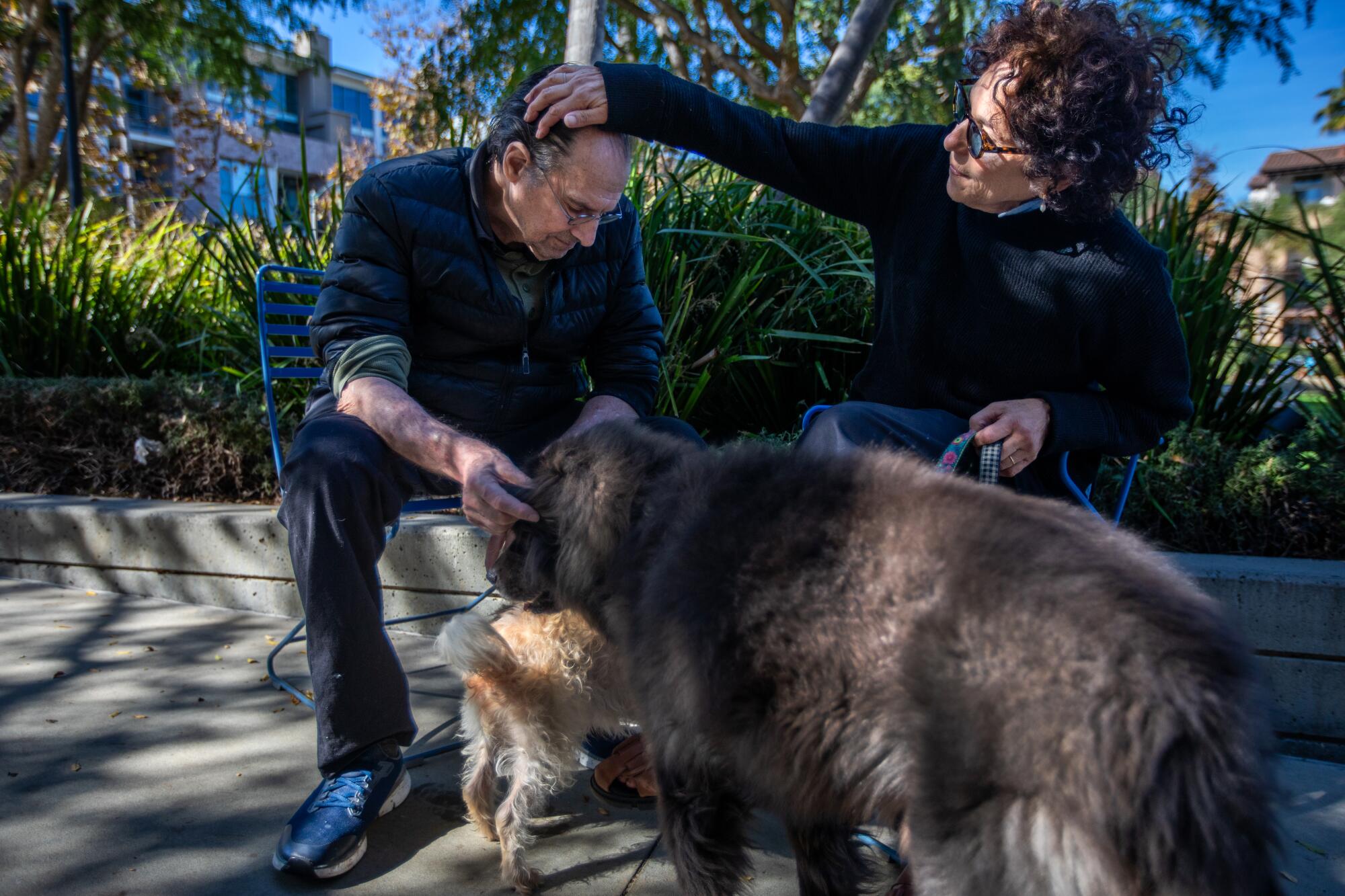 David Milch pets two dogs as Rita Milch brushes his hair back