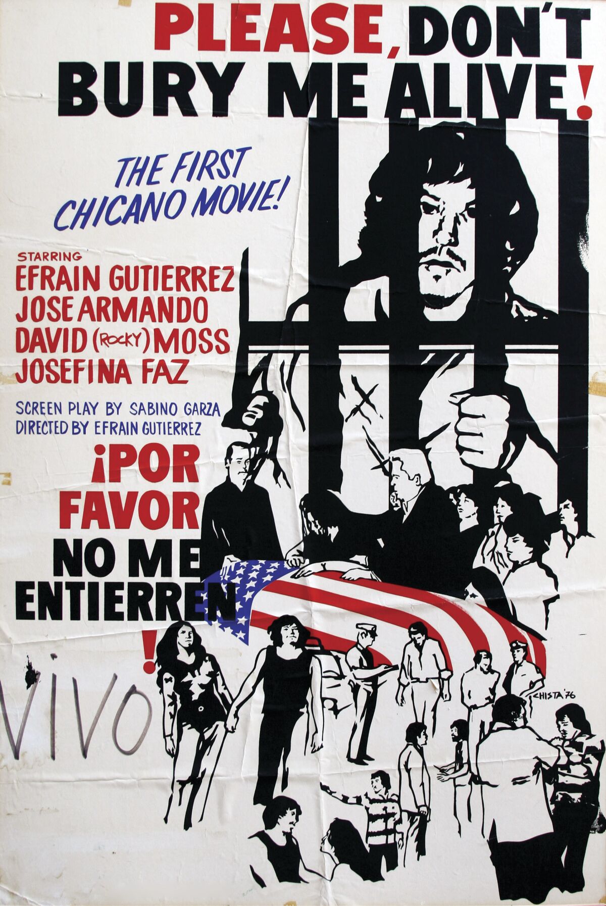 A black and white poster features a collage of images: a couple holding hands, a man in jail and a flag-covered coffin