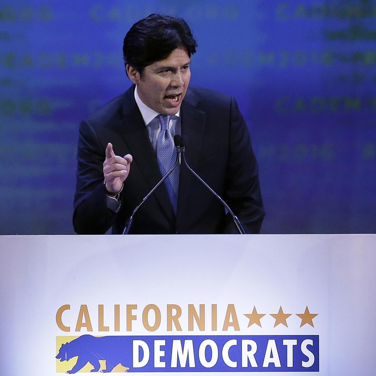 Senate President Pro Tem Kevin de León gestures while speaking before the California Democrats State Convention in San Jose on Feb. 27.