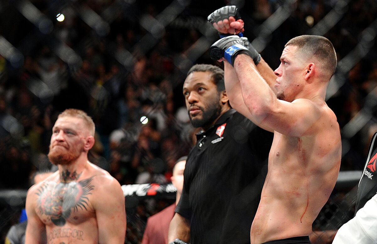 Nate Diaz celebrates his win over Conor McGregor at UFC 196 on March 5.