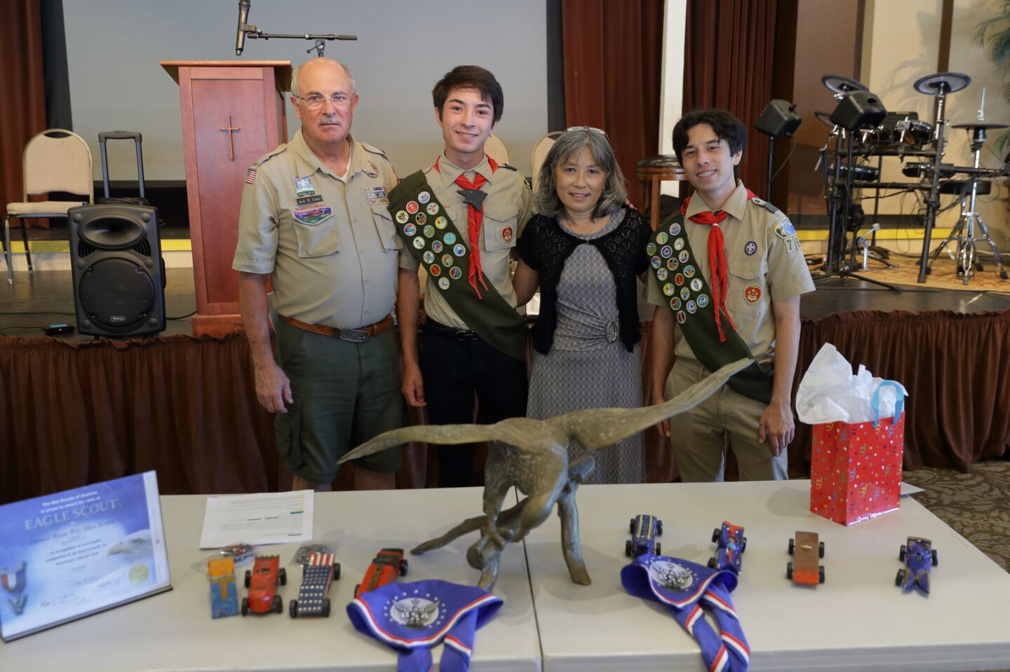 Jack Cater (Asst Zone Committee & Eagle Project Counselor), Eagle Scout candidate David Scuba, Linda Leong, Eagle Scout candidate Daniel Scuba
