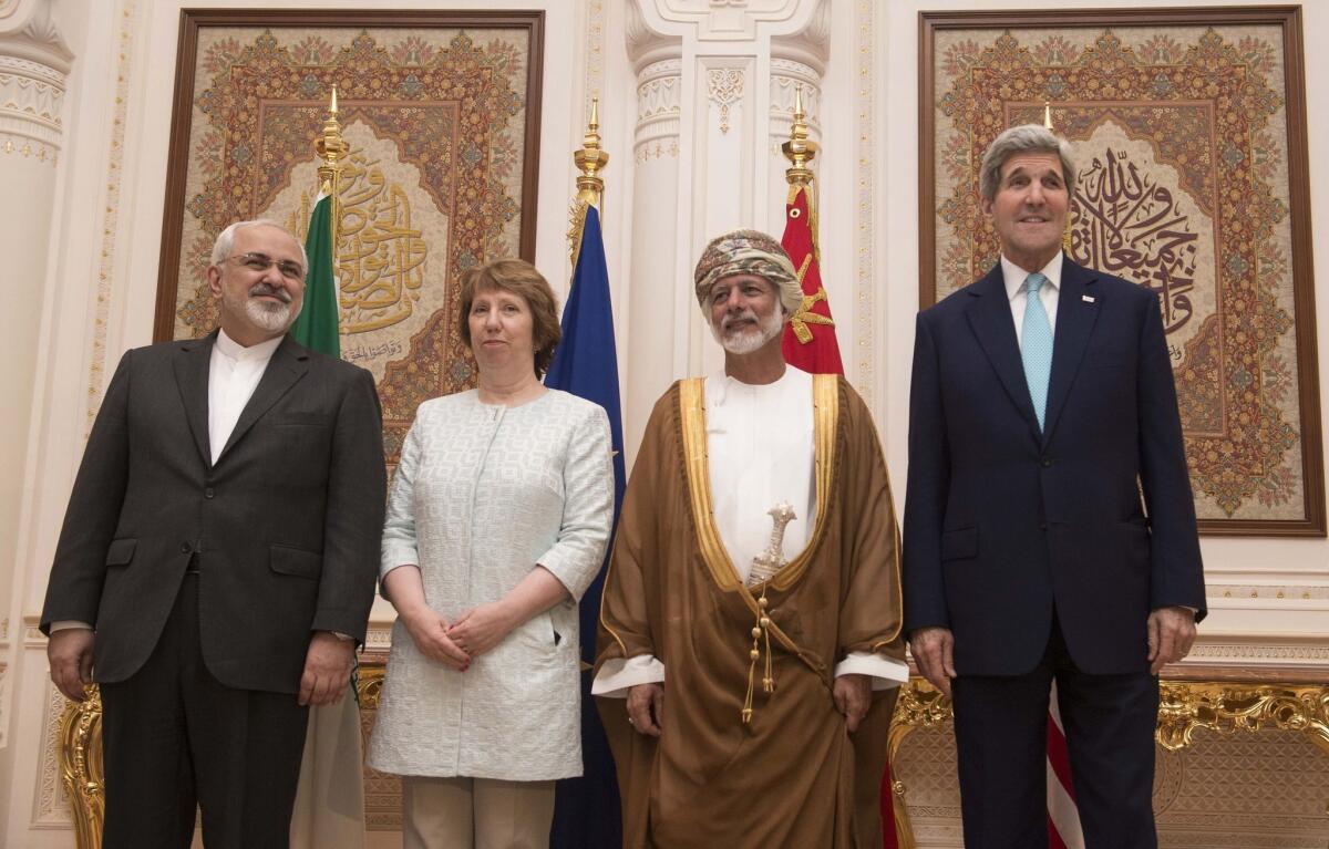 Iranian Foreign Minister Javad Zarif, from left, European Union advisor Catherine Ashton, Omani Foreign Affairs Minister Yussef bin Alawi and Secretary of State John F. Kerry met in Muscat on Nov. 9 for high-level negotiations to limit Iran's nuclear program in exchange for easing crippling sanctions on its economy.