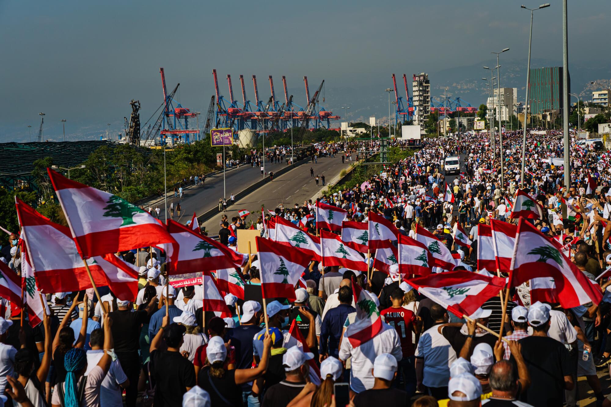 People wave Lebanese flags. In the background is a port.