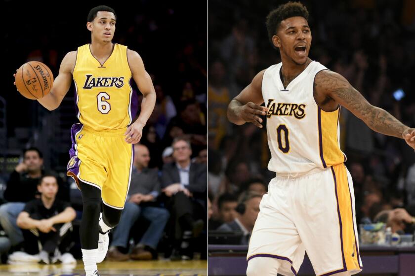 Los Angeles Lakers guards Jordan Clarkson, left, and Nick Young were accused of harassing a woman and her mother Sunday night in Hollywood.