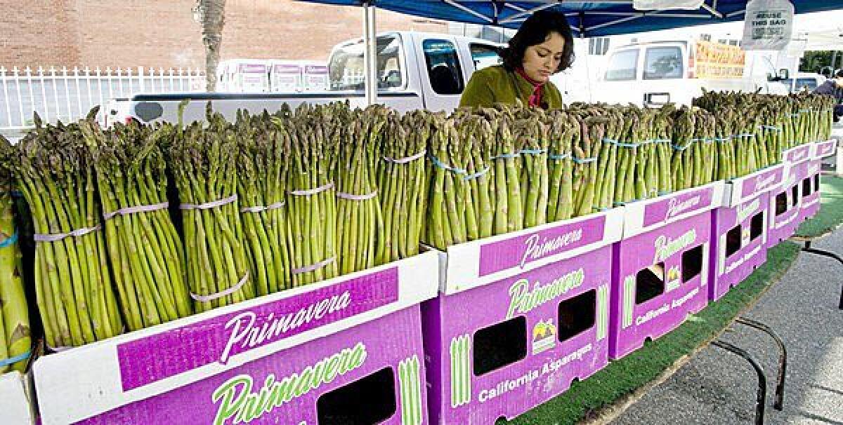 Asparagus grown by Zuckerman's Farm in Stockton, at the Santa Monica farmers market.