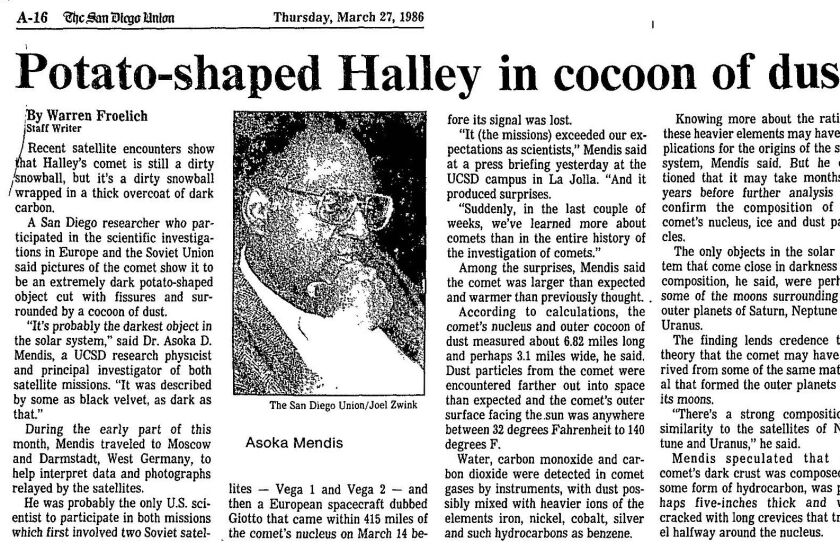 Haley's comet described in The San Diego Union, March 27, 1986.