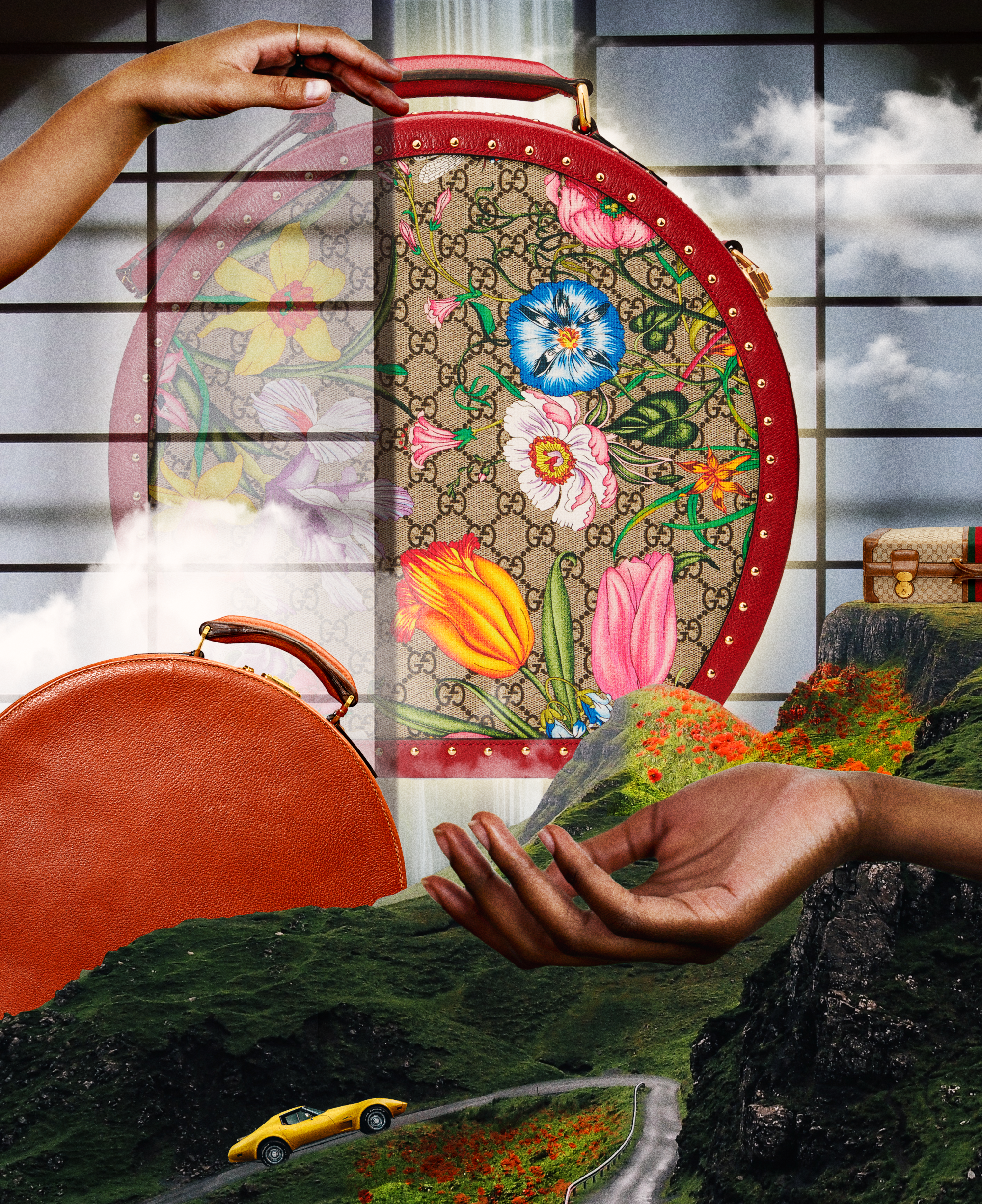 an abstract collage of Gucci luggage peaking through a shoji screen door, surrounded by two large hands and green hills