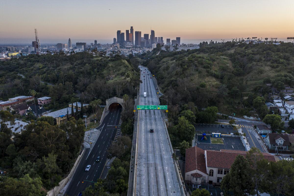 An overhead view of a sparse 110 Freeway early in the pandemic.