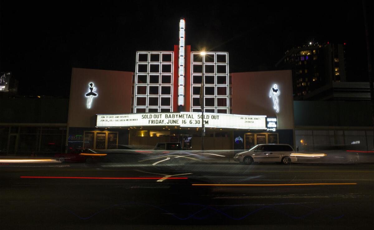 The Palladium on Sunset Boulevard is lit up on June 16, 2017.